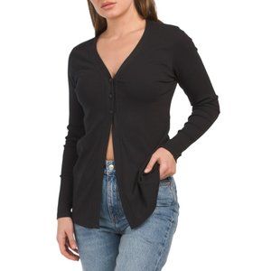 ELIE TAHARI NOIR Pima Cotton Blend V-neck Button Front Top